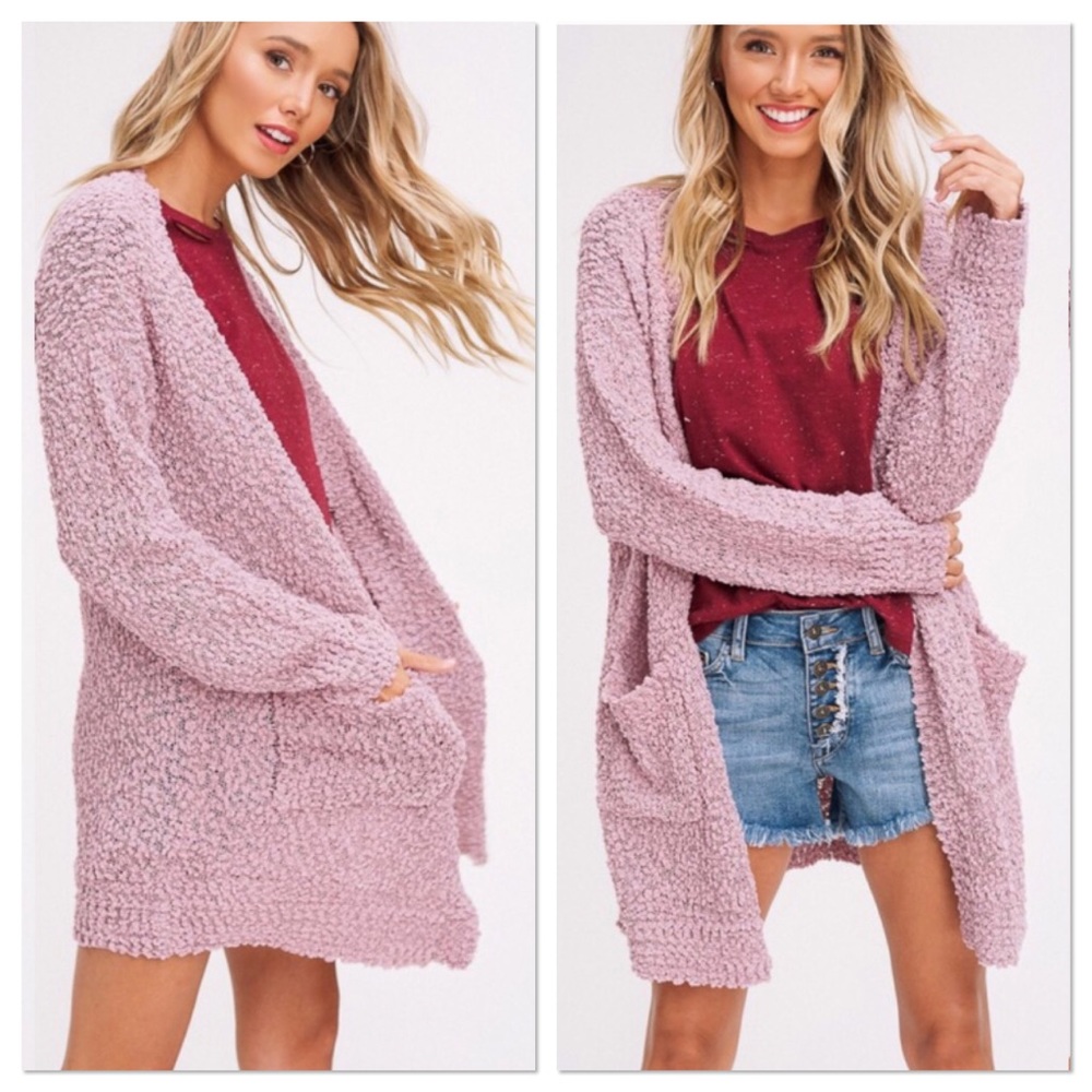 SALE! Mauve Popcorn Chunky Knit Sweater Cardigan - Picture 4 of 6